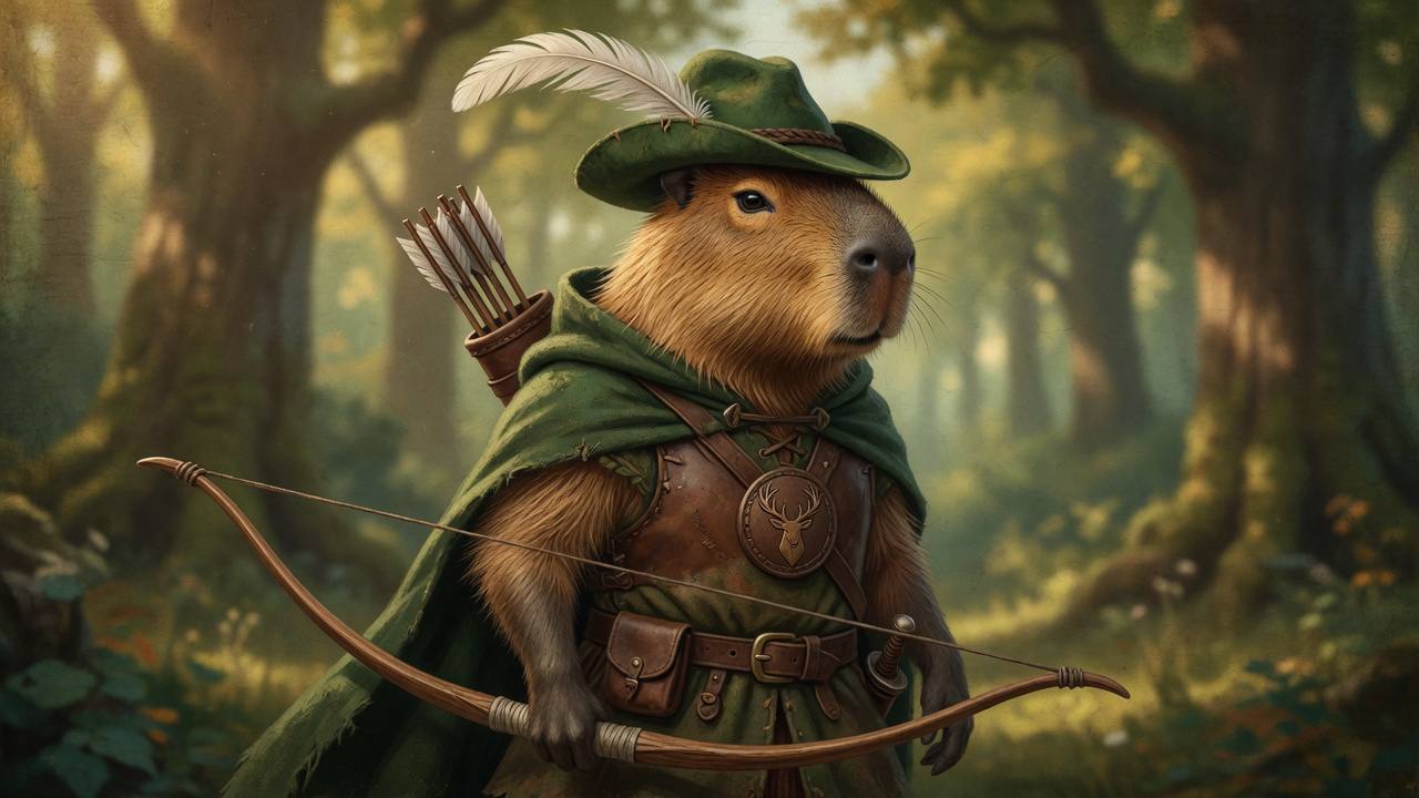 A capybara dressed as a woodland archer